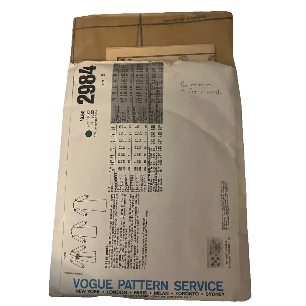 VOGUE Patterns 2984 American Designer Jerry Silverman ALine dress Size 8 Uncut￼